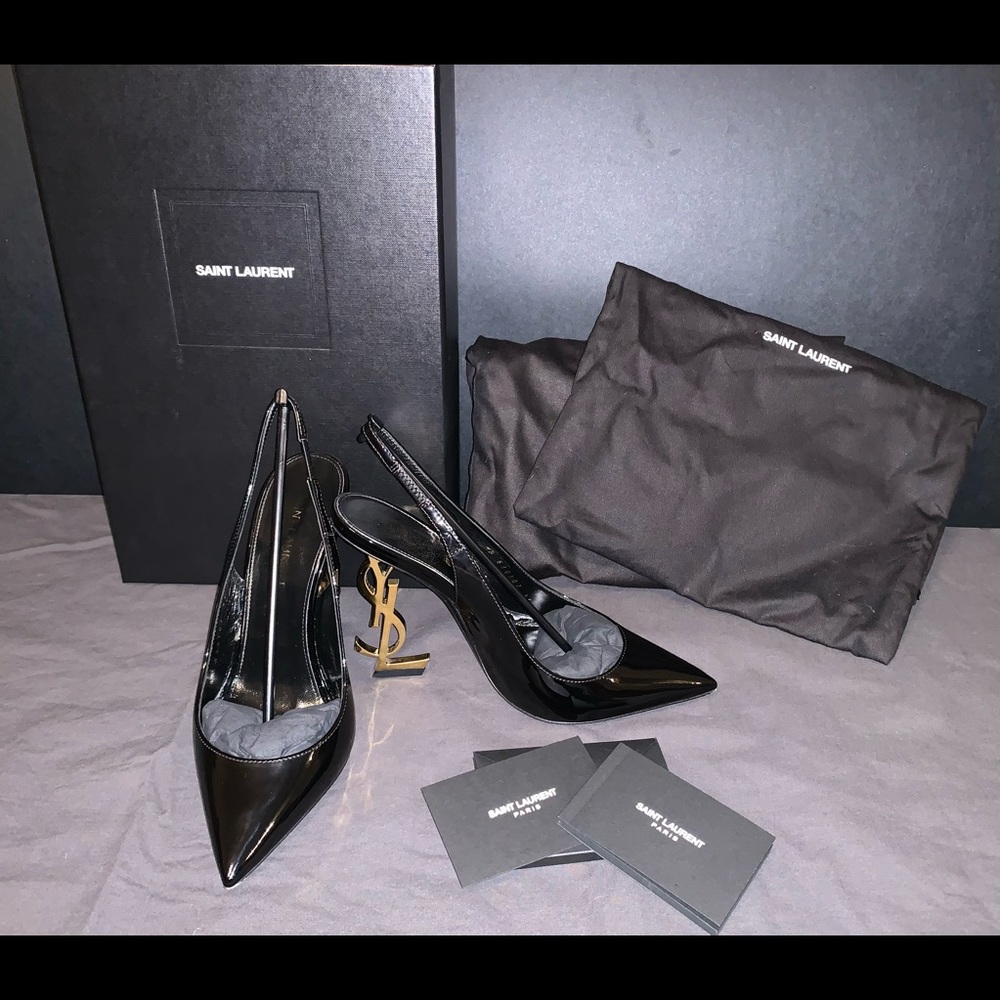 Yves Saint Laurent Women's Opyum YSL Logo Pointed Toe Slingback Pumps.